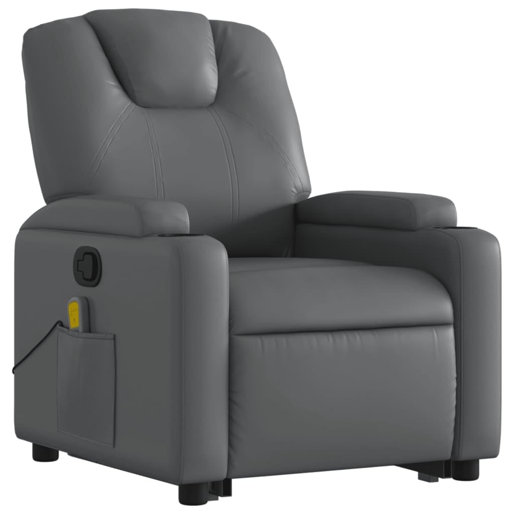 Sillón elevador reclinable con masaje por vibración, color gris piel sintética, función de elevación eléctrica y reclinación manual, 6 puntos de masaje, estructura estable