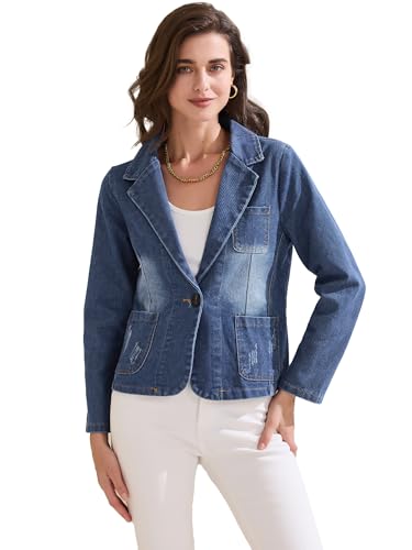 Allegra K Women's Loose Denim Jackets Washed Jean Notched Lapel Outwear with Pockets3