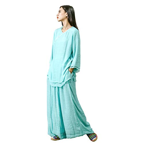 KSUA Mujeres Tai Chi Ropa Zen Meditación Uniforme Seda Algodón Kung Fu Ropa, Azul EU M/Etiqueta L