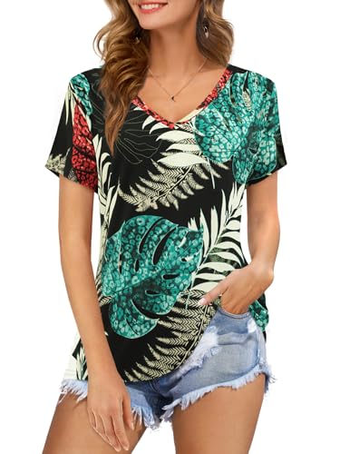 Florboom Oberteil Damen Kurzarm V Ausschnitt Druckshirts Sommer Shirt Top, Schwarz L