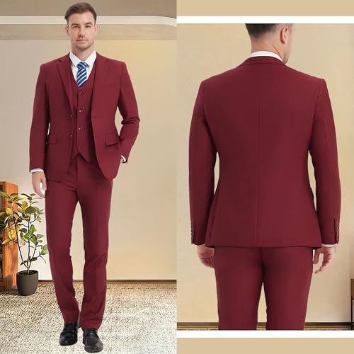 Men's Suits Slim Fit Suit Sets for Men Prom Wedding Suit 3 Pieces Business Blazer Vest Pants Set Burgundy S2