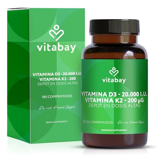 Vitabay Vitamina D3 K2 20.000 UI - 180 Comprimidos Vitamina D Vegana y Alta Dosificada - Vit D3 K2 con MK-7 Probada en Laboratorio - Favorece el Sistema Inmune, Huesos, Músculos y Dientes