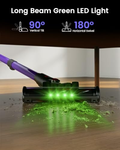 Image of Cordless Stick Vacuum Cleaner, 650W 55KPA Up to 70Min Runtime, Green Light Anti-Tangle Brush, 7-Stage HEPA Filtration, Lightweight for Pet Hair Carpet Hard Floors (Purple)