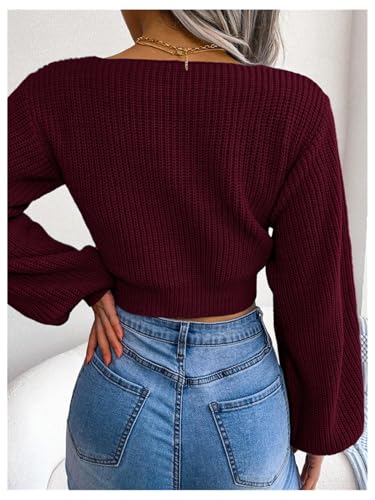 WDIRARA Women's Bow Tie V Neck Crop Sweater Long Sleeve Knit Pullover Tops Knitwear2