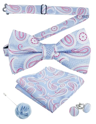 Image of Alizeal Mens 4pcs Vintage Paisley Bow Tie Set | Pre-tied Pocket Square Cufflinks Boutonniere for Wedding Everyday Use