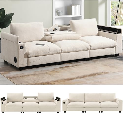 Merax 96' Chenille Sofa Recliner with Cup Holders, USB Charger & Bluetooth Speaker, 3 Seat Convertible to Loveseat Cloud Couches, Theater Double Seating W/Drop Down Table & Storage Armrest, Beige