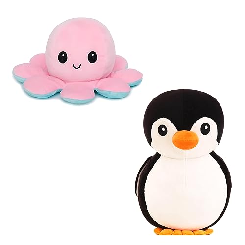 Image of Babique Octopus Sitting Plush Soft Toy Cute Kids Animal Home Decor Boys /Girls (17 cm) (CH-OCTPS-PINK-BLU-22) & Penguin Stuffed Soft Toy Plush for Kids Baby Boy Girl Birthday (Black 28cm)