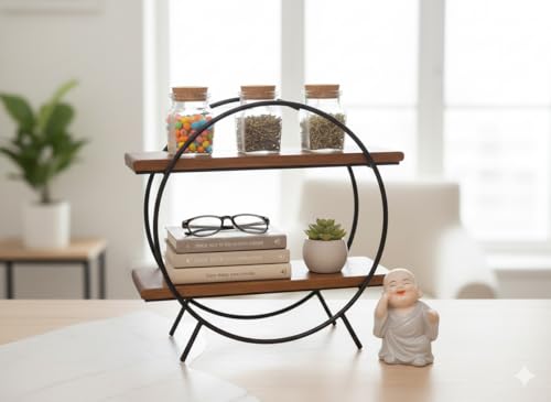 Image of Wooden Kitchen Rack Organiser 2 Tier Shelf | Circular Multipurpose Solid Acacia Wood Storage Organizer | Grocery Spice Rack | Sugar Containers, Jars, Bottels Holder for Kitchen | Food Safe