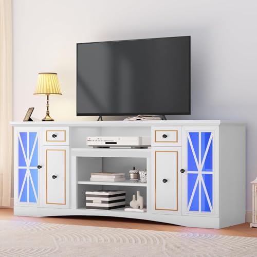 YITAHOME LED Farmhouse TV Stand for 70 Inch TVs, 65" Entertainment Center with Power Outlet, Glass Door, Adjustable Shelves, 2 Drawers, TV Console for