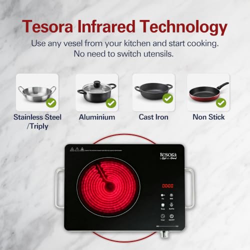Image of Tesora Infrared Cooktop 2200W by Cook with Parul | Works with All Cookware | Jog Dial + Digital Display | 4 Preset | Grill Rack | Uniform Heating | Crystal Glass Top | Auto Shut-Off