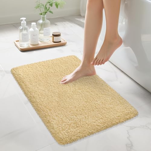 MondayRug Bathroom Rugs Non Slip 24'x16', Absorbent Bath Mats Quick Dry, Shaggy Microfiber Bath Rugs,Extra Soft Plush, Machine Washable Bath Mats for Bathroom Floor, Tub and Shower, Light Yellow