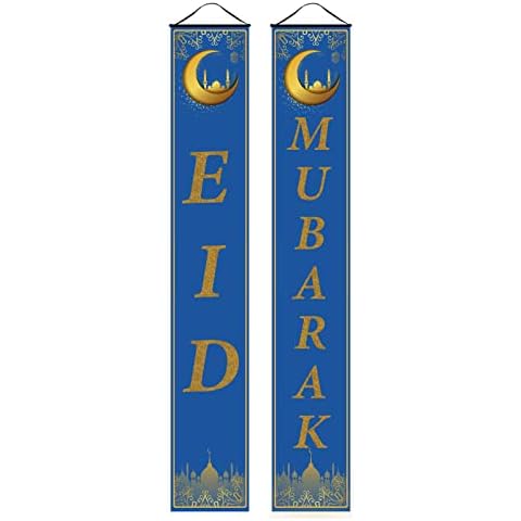Eid Mubarak Decorations Set 72x12 Inch Eid Mubarak Porch Sign Ramadan Banner Hanging Sign for Front Door Outdoor Indoor Eid Mubarak Party Supplies (Blue Gold) Cover