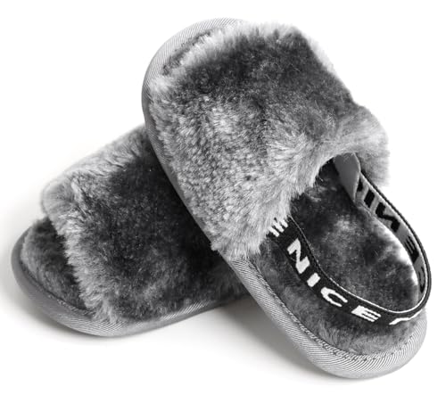QIETION Girl's Soft Plush Lightweight House Slippers Non Slip Cross Band Slip on Open Toe Cozy Indoor Outdoor Slippers X102 Grey 12CM4