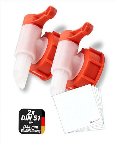 Trevendo® Auslaufhahn/Ausgießer für Kunstoffkanister 2er Pack inkl. 5x Beschrifftungsetiketten (2x Din 51 - Ø44 mm)