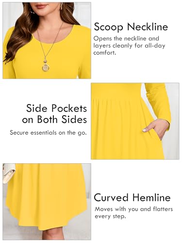 Image of AusLook Women's Plus Size Long Sleeve Midi Dress Casual Empire Waist Loose Flowy Dresses A-Line Boho Long Dress with Pockets