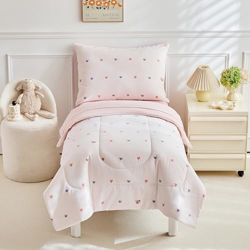 Image of JHXHMX 4 Pieces Toddler Bedding Set,Pink Heart Toddler Comforter Sets for Girls,Soft Crib Bed Sheets Set Includes Quilted Comforter,Fitted Sheet,Flat Top Sheet and Envelope Pillowcase