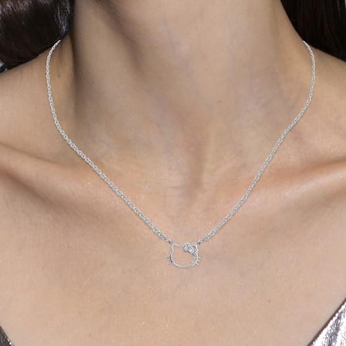 Hello Kitty Sanrio Womens Lab Created Diamond Bow Necklace 18" - Sterling Silver Silhouette Necklace Official License2