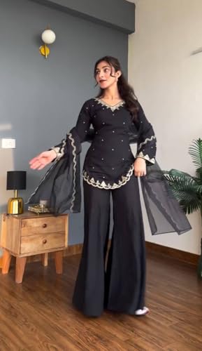 Image of Heavy Embroidered Crepe Silk Top with Sharara Palazzo and Lightweight Organza Dupatta - Festive & Party Ethnic Set for Women