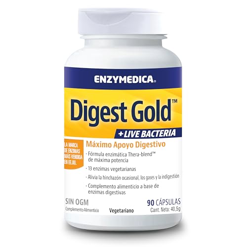 Enzymedica, Digest Gold + Live Bacteria, Fórmula Enzimática de Acción Rápida, Reduce los Gases y la Hinchazón, Mejora la Absorción de Nutrientes, Sin Gluten, Sin Lácteos, Vegano, 90 Cápsulas