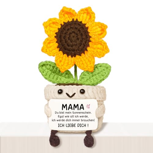 Giftasy Geschenke für Mama - Handgemachte gehäkelte Sonnenblume mit Energiekarte, Geschenk Mama Geburtstag, Weihnachten Geburtstagsgeschenk