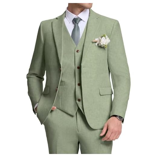 Terno masculino de linho slim fit 3 peças ternos de casamento retrô smoking verão praia festa blazer colete conjunto de calças, Verde claro, M