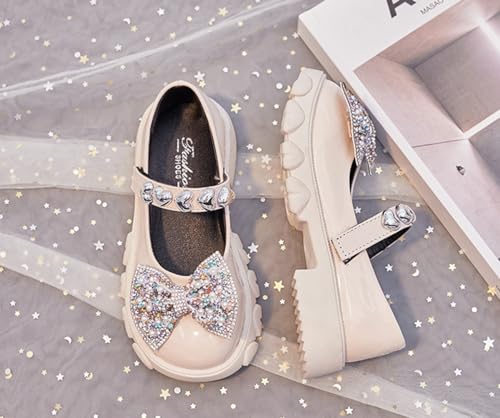 Kids Girls Mary Jane Flats with Bowknot and Rhinestones Dress Shoes for Wedding Party, Champagne, 11 M US Little Kid4