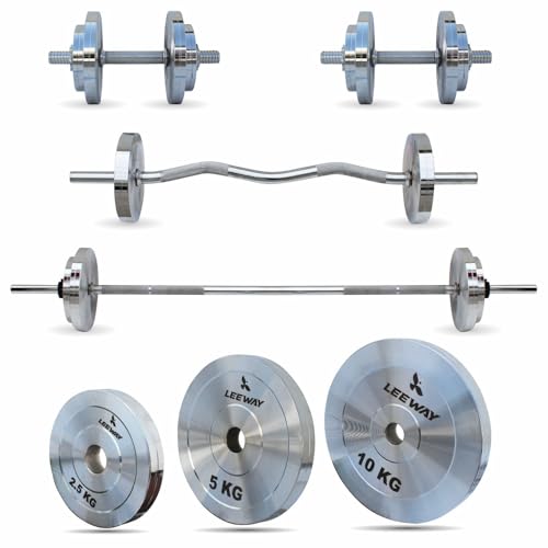 Image of Leeway Metal Home Gym Set 70 Kg Combo with Steel Weight Plates, 3Ft Curl Rod, 5Ft Straight Rod and Steel Dumbbell Set & Barbell | Full Body Workout Equipment for Home (70kg Set (2.5X4+5X4+10X4))
