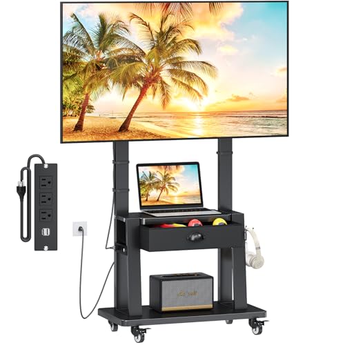 Rolling TV Stand with Power Outlet,TV Cart with Fabric Drawer for 23-75 inch Flat/Curved Screen Up...