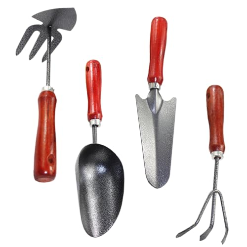 TIDTALEO 4pcs Garden Tool Set Small Spade Shovel with Extended Narrow Blade, 3-Claw Rake, Dual-use Pointed Hoe and Soil Scoop for Gardening and Planting