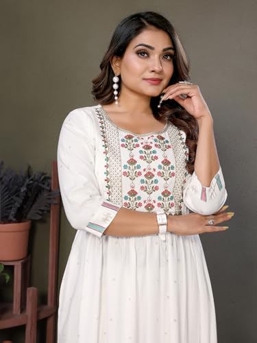 Image of rangita Women Rayon Regular Fit Calf Length Embroidered Tiered Flared Kurti | Kurta