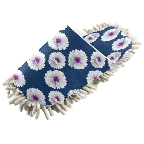 Kigai White Flowers on Dark Blue Mop Slippers for Floor Cleaning, Slippers for Women Men, Microfiber Floor Cleaning, M