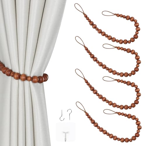 OCIOLI 4 Pack of Wood Bead Curtain Tiebacks Boho Curtain Tiebacks Curtain Holdbacks for Wall Curtain Ties Curtain Tie Backs with Hooks for Boho Decor Bedroom Decor Nursery Decor（4，Coffee）