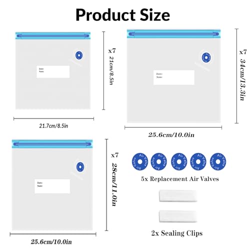 Image of Sous Vide Bags 28Pcs, BPA Free Reusable, with Air Valve, Double-Layered Food Storage for Cooking, Food Storage, and Microwave Heating. 3 Size 21 Vacuum Zipper Bags, 2 Seal Clips, and 5 Air Valves.