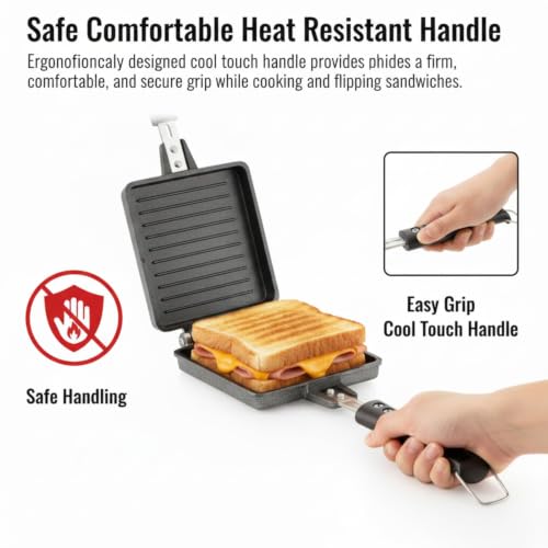 Image of Double Sided Sandwich Grill Pan | Non-Stick Toast Maker Aluminium Stovetop Toaster Gas Stove Flip for Bread Snacks Heat Resistant Handle Black (Jumbo Grill Toaster)