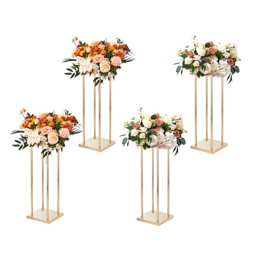 VEVOR 4PCS Gold Metal Column Wedding Flower Stand 23.6inch High With Metal Laminate Vase Geometric Centerpiece Stands Cylindrical Floral Display Rack for Events Reception Party Road Leads