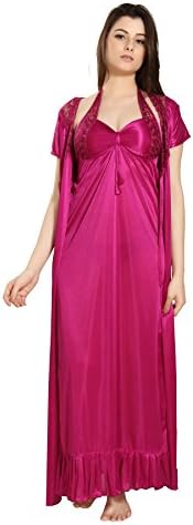 Romaisa Women's Satin Solid Maxi Length Nighty with Robe_Nightwear Set Pack of 2_Free Dark Magenta Free, One Size