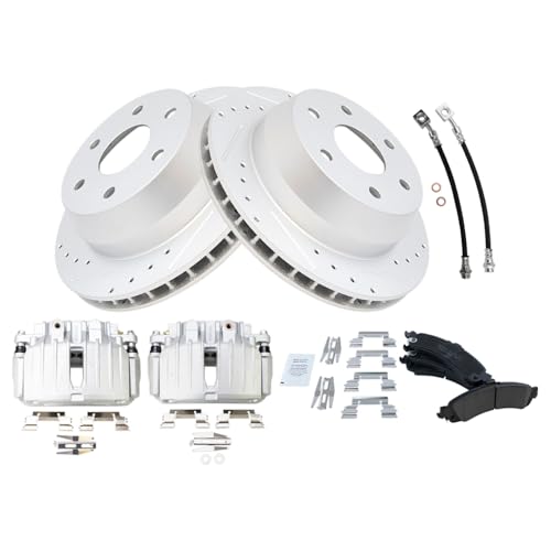 Image of TRQ Performance Rear Brake Pad & Rotor Set Ceramic Drilled Slotted Coated Rotors Calipers Compatible with 02-06 Cadillac Escalade 00-06 Chevrolet Avalanche 1500 Suburban 1500 Tahoe GMC Yukon & XL 1500