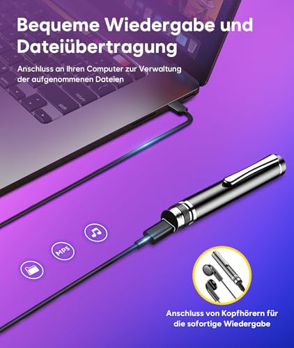 64GB Digitales Diktiergerät, Diktiergerät Aufnahmegerät mit Playback & One Touch Aufnahme, Wiedergabe mit DSP-Rauschunterdrückung & HD-Audio, 2400h Speicher Voice Recorder für Interviews, Vorträge