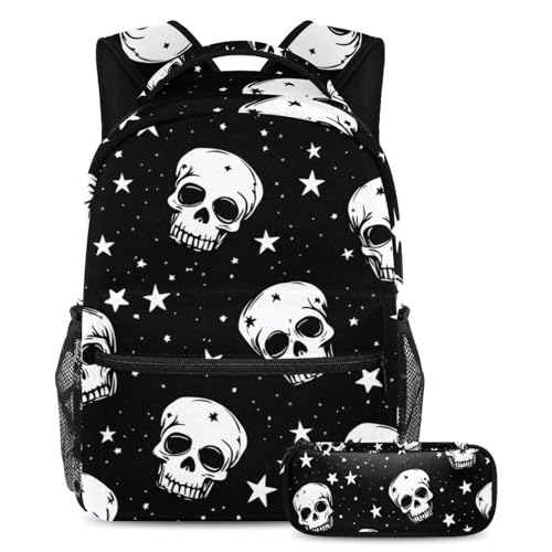 Ensemble sac à dos 2 pièces noir motifs crânes pour ados et étudiants