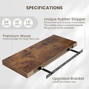 Fun Memories 24 Inch Floating Shelves Wall Mounted 10 Inch Deep Wall Shelves Rustic Wood Shelves for Wall Storage 24 x 10 Floating Shelf for Living Room Bathroom Bedroom Rustic Brown Set of 2