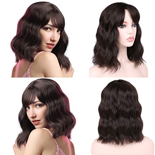 Aliesencia Pastel Wavy Wig With Air Bangs Short Bob Wigs Shoulder Length Wigs Curly Wavy Women's Synthetic Cosplay Pastel Bob Wig for Girl Colorful Costume Wigs(12",Brown)