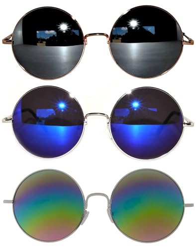 OWL 3 Pack Oversized Round Sunglasses Hippie Style Metal Frame Assorted Colors Circle Glasses2