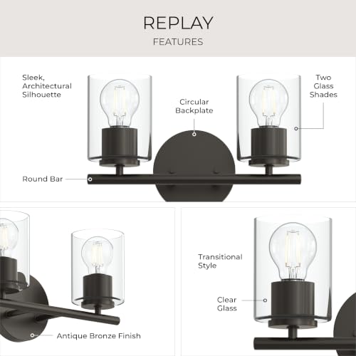 Image of Progress Lighting Replay 13 Inch 2-Light Vanity Light, Transitional, Antique Bronze with Clear Glass Shades, (7.875 inch H x 13 inch W x 6 inch D), P300582-020