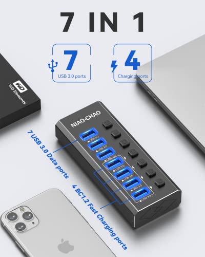 Powered Usb Hub [Durable Aluminum] 7-Port Usb Hub 3.0 Powered, Individual Switch Buttons Smart Charging Usb Port Expander Fit For External Hard Drive Gaming Laptop Desktop Pc #TOP1
