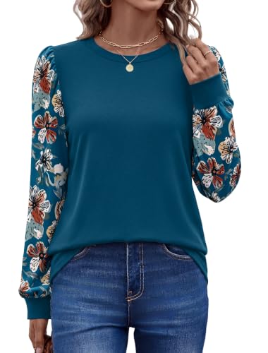 Long Sleeve Shirts for Women Fall Fashion Tops Trendy Casual Floral Teal L | Winter clothing 2026, dressy tops, puff sleeve, round neck, fall essentials, lightweight, juniors - image 4