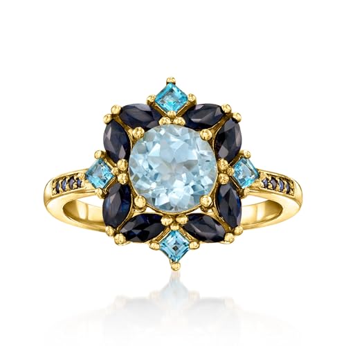 Ross-Simons 1.80 Carat Sky Blue Topaz, 2.40 ct. t.w. Sapphire and .80 ct. t.w. London Blue Topaz Ring in 18kt Gold Over Sterling. Size 10
