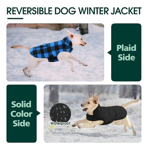 Kuoser Dog Winter Coat, Windproof Dog Fleece Jacket British Style Plaid Cold Weather Doggie Vest Coats, Reversible Cozy Warm Puppy Clothes Pet Apparel for Small Dogs S