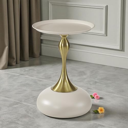 Image of The Attic Luxe Pebble End Table Textured Metal Design, Tea Table for Living Room, Ivory