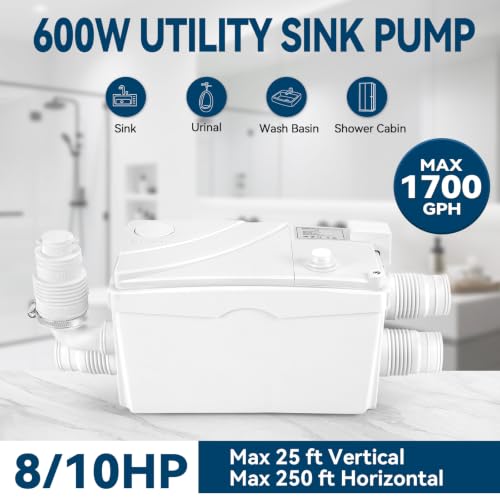 Image of 600W Utility Sink Pump with PCB Function Upgrade Structure Upflush to 25FT 1700GPH Under Sink Pump with 3 Water Inlets 1 Outlet Macerating Toilet System for Sink Shower Urinal Kitchen Basement