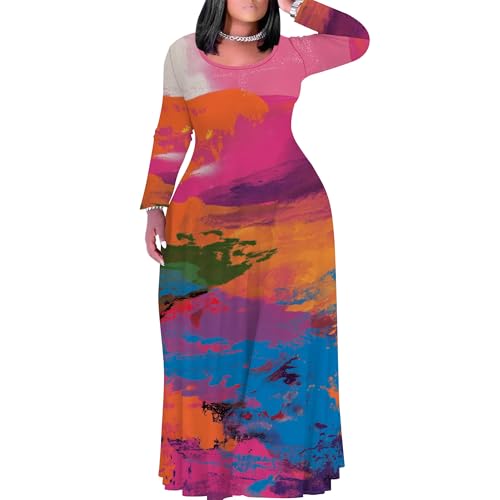 Image of PinkPatty Plus Size Maxi Dress for Curvy Women Crew Neck Long Sleeves Casual Dress Vacation Sundresses with Pockets